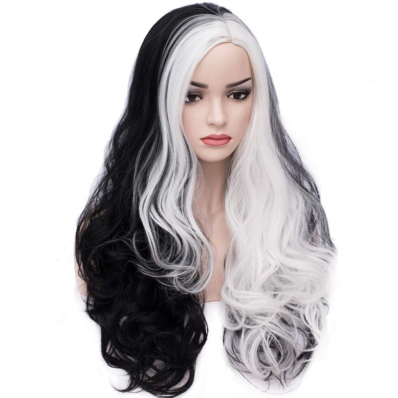 BERON Black White Wig Long Wavy Black White Split Wigs for Women Girls Cosplay Party Hairnet Include - Image 2